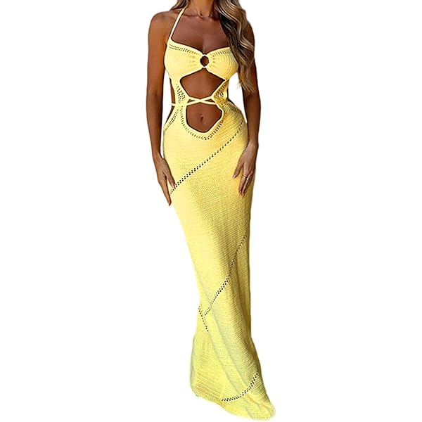 Sastianaen Women Crochet Knit Maxi Dress Y2k Halter Neck Cut Out